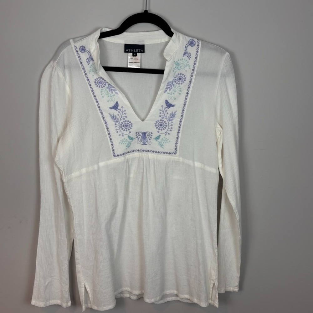 Athleta Womens white gauzy floral embroidered boho peasant top Medium Summer
